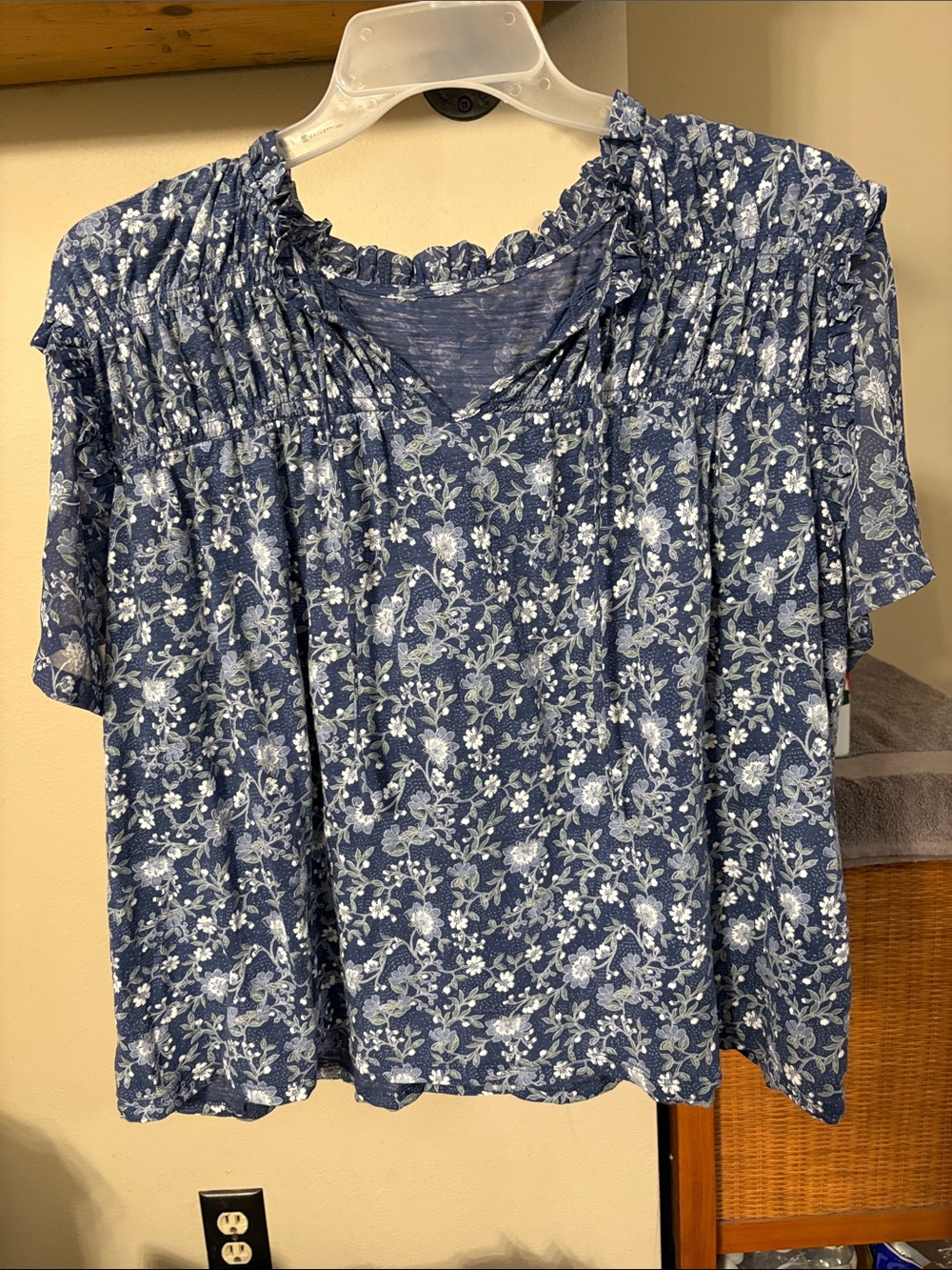 Smocked Neck Blue Floral Women's Blouse